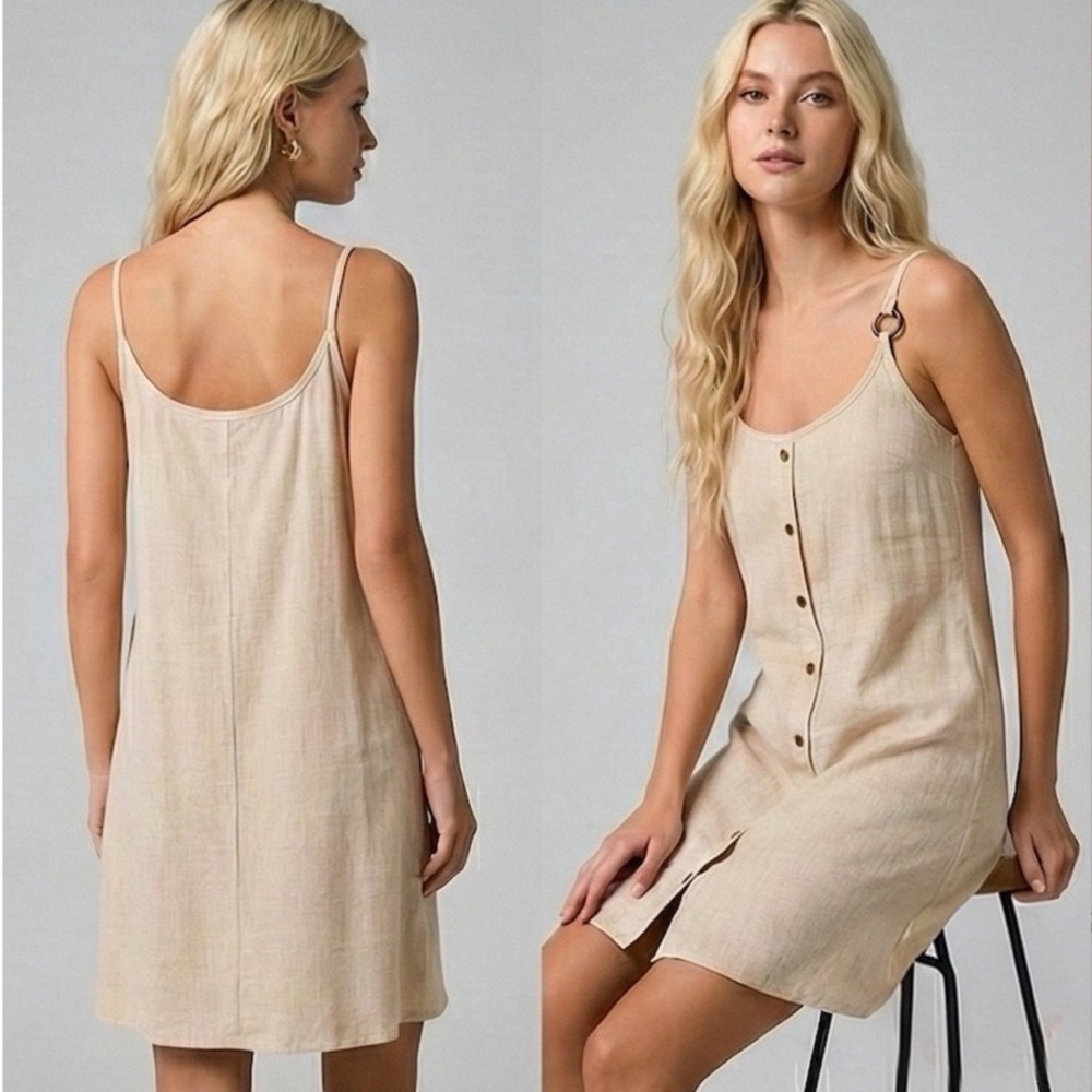 Oatmeal Linen Blend Button Front Mini Dress Spaghetti Strap - Picture 2 of 5